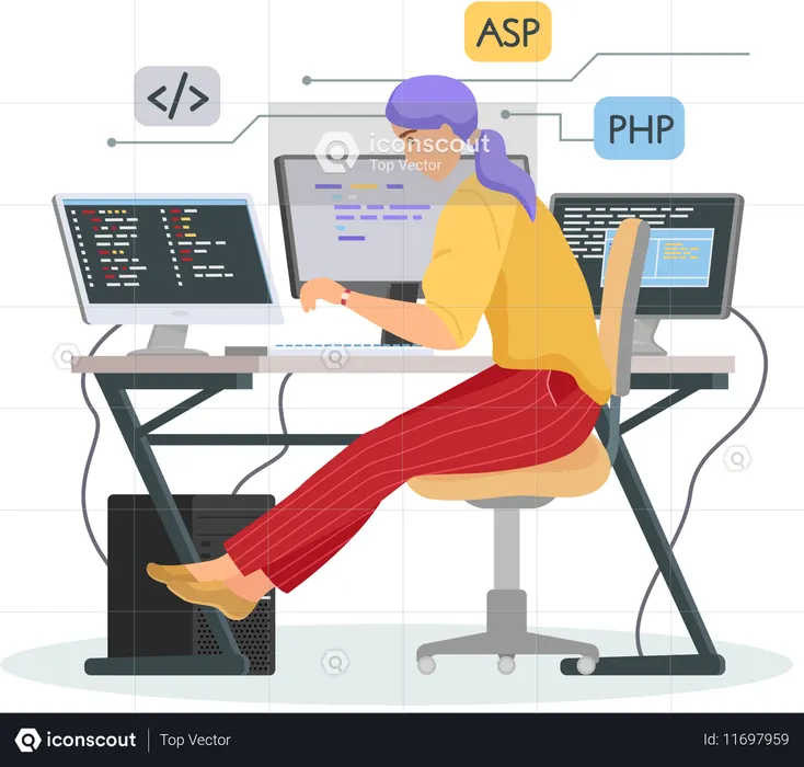コンピューター上でウェブ開発に携わるプログラマー  イラスト