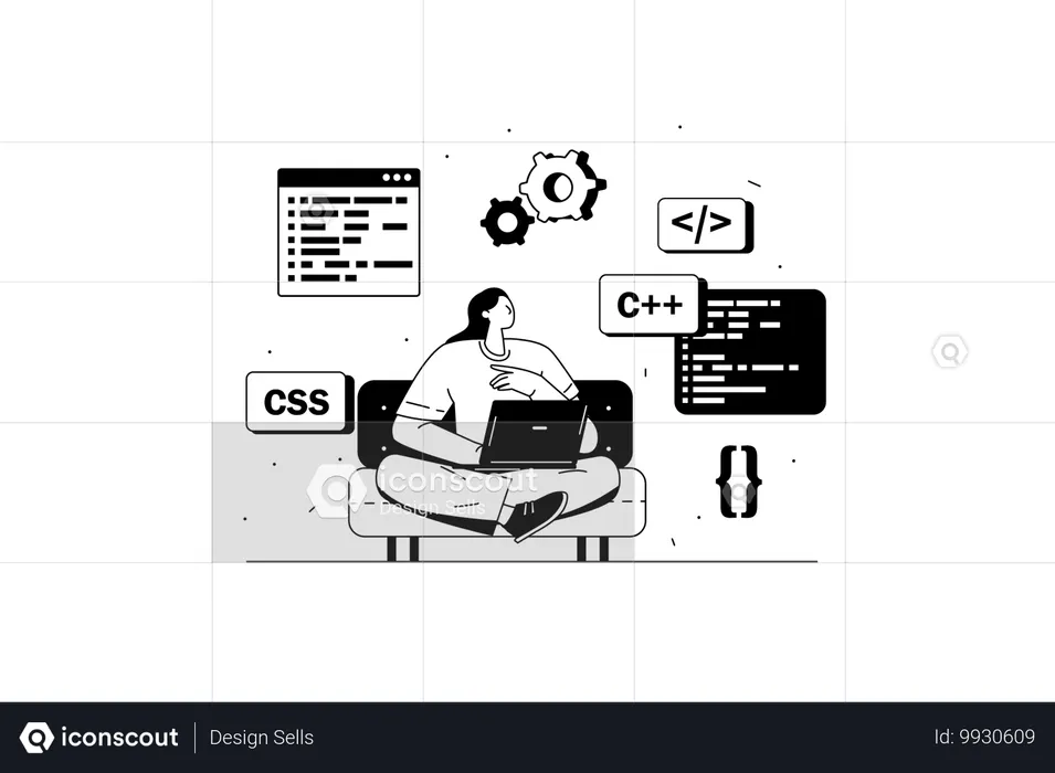 Programmer writes code for application using programming language  Illustration