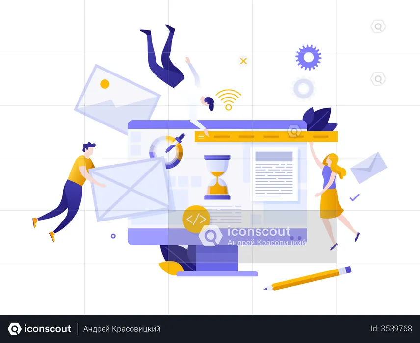 Programmers, coders or developers levitating around computer  Illustration