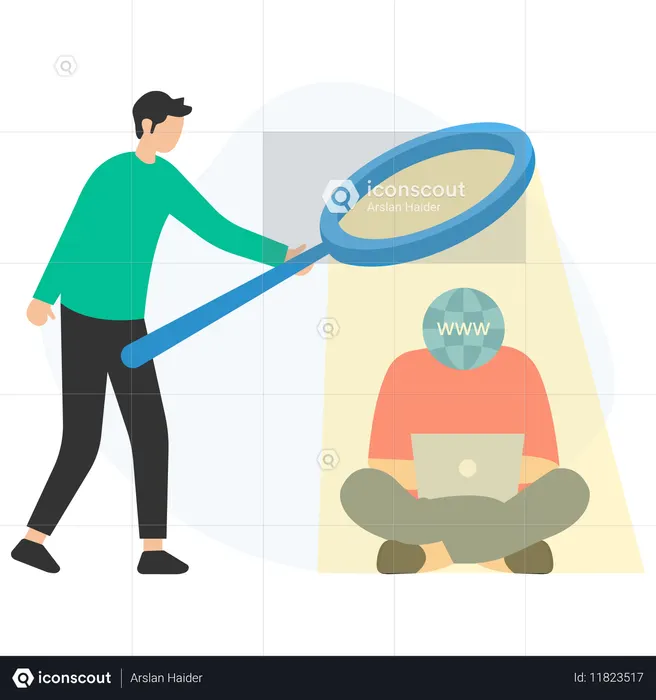 虫眼鏡を使ってウェブサイトのコードのバグを探すプログラマー  イラスト