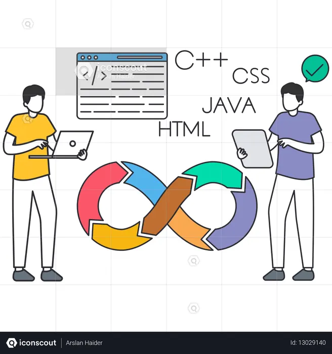 Programmers working with different programming languages in agile development  Illustration