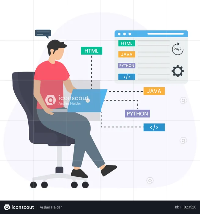 Programmeur travaillant avec HTML, Java, Python et d'autres langages de programmation  Illustration