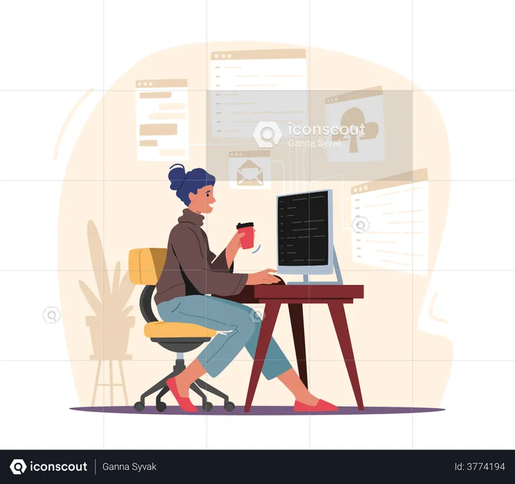 Programming Concept. Woman Programmer Make Site or Web Interface Project. Female Character Website Designer, Developer  Illustration