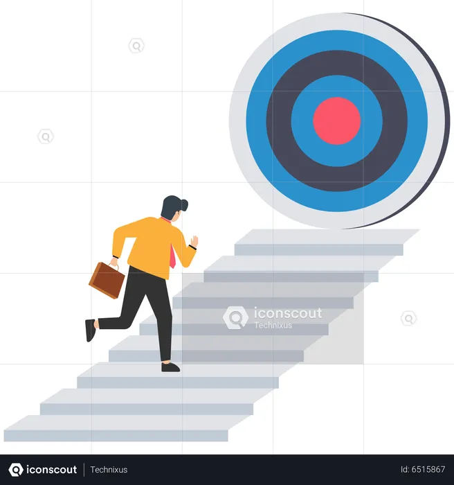 Progress to goal or reaching business target, motivation or challenge to achieve success, career growth or improvement concept, ambitious businessman running on growth arrow path to target bullseye.  Illustration