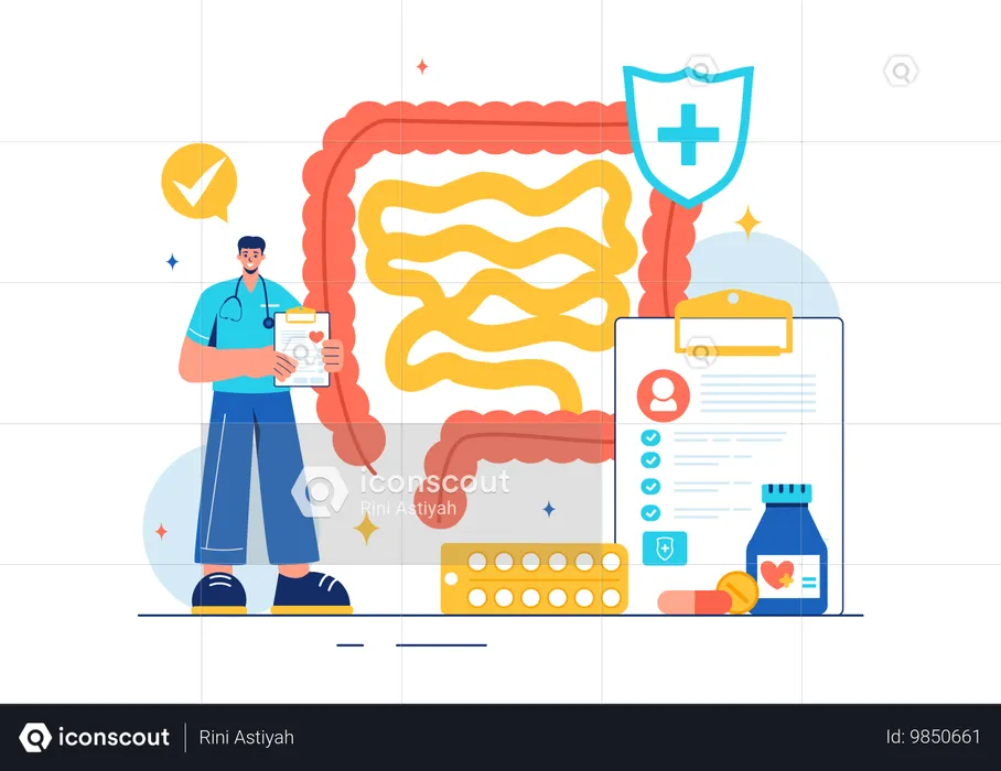 Proktologe Facharzt verschreibt Medikamente  Illustration