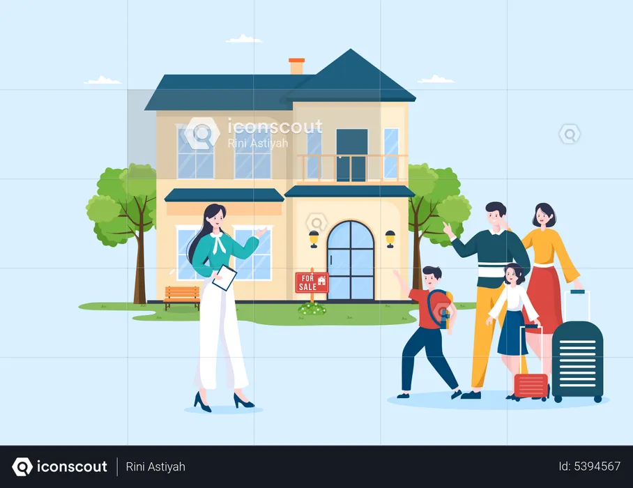 Property agent showing house to family  Illustration