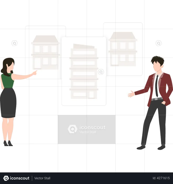 Property agent shows building to buyer on digital marketplace  Illustration