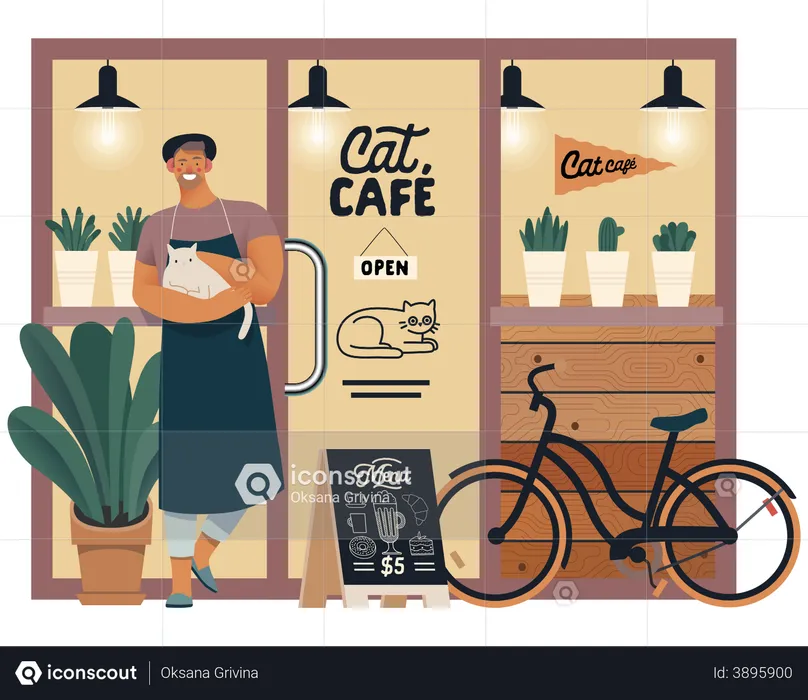 Propriétaire d'un café pour chats debout à l'extérieur  Illustration