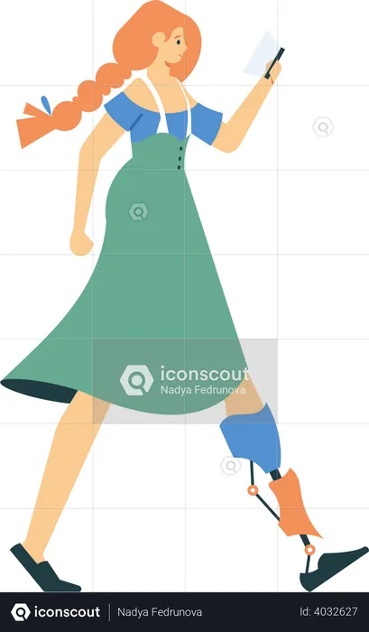 Prosthesis woman walks with phone  Illustration