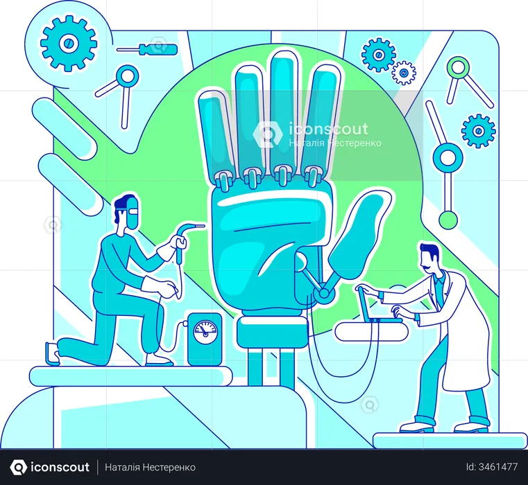 Prosthetics lab workers manufacturing hand  Illustration