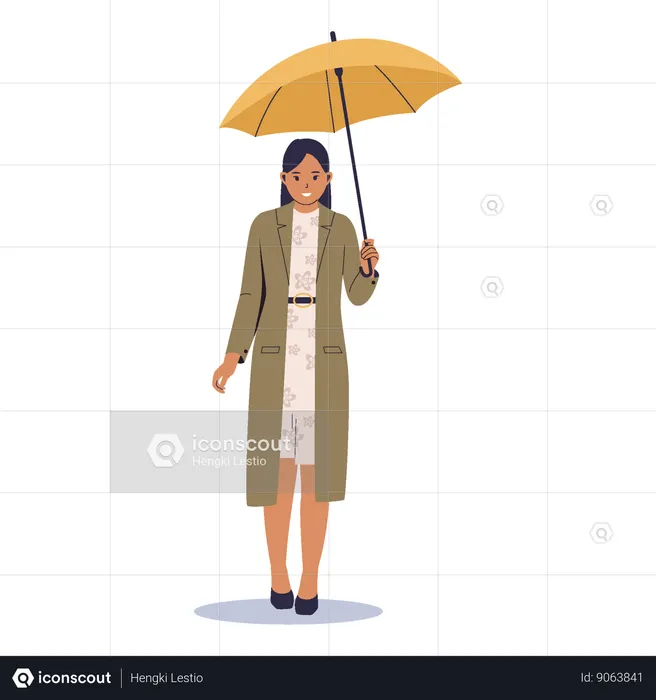 Mulheres de proteção contra chuva com guarda-chuva  Ilustração