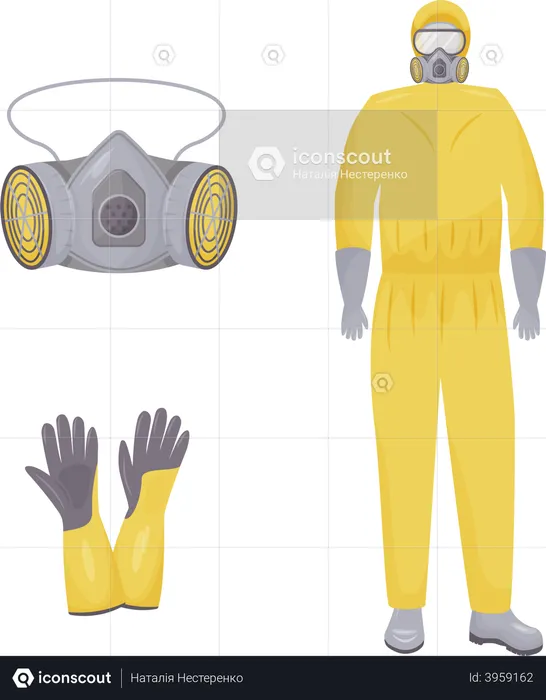 Protective suit, respirator and gloves  Illustration
