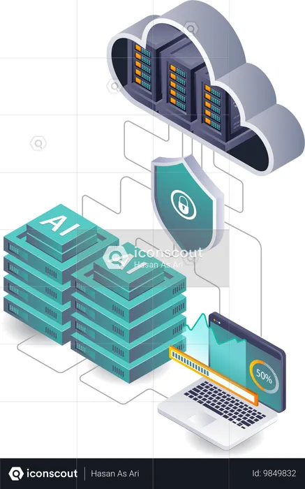 Protección de los puntos finales de los servidores en la nube con tecnología de inteligencia artificial  Ilustración