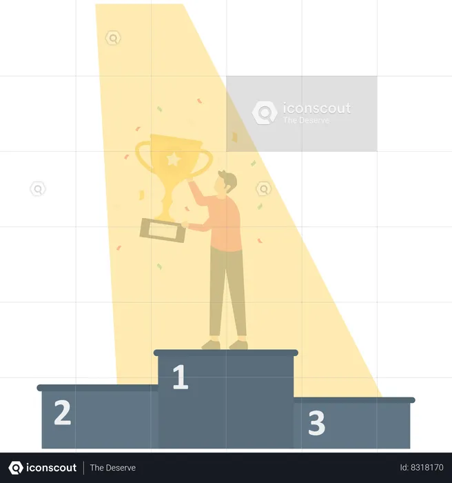 Proud businessman holding winner trophy on first place podium with spotlight  Illustration