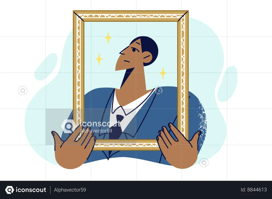 Proud man in business clothes holding golden portrait frame  Illustration