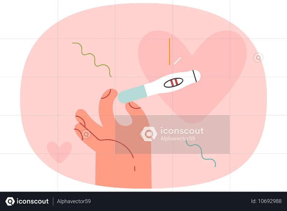 Prueba de embarazo con resultado positivo en mano  Ilustración