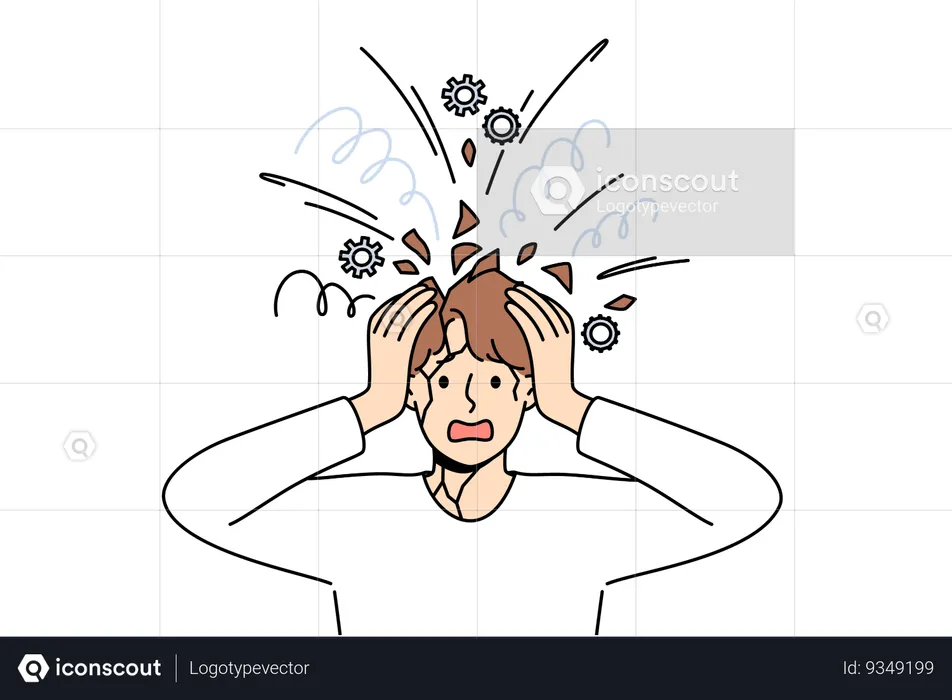 Psychologically unbalanced man feels head explode due to excessive worries caused by stress  Illustration