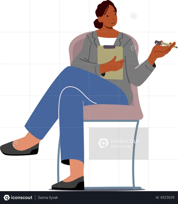 Femme psychologue assise sur un fauteuil avec presse-papiers  Illustration