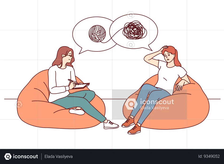 Psychotherapist helping girl patient understand confused thoughts and solve psychological problems  Illustration