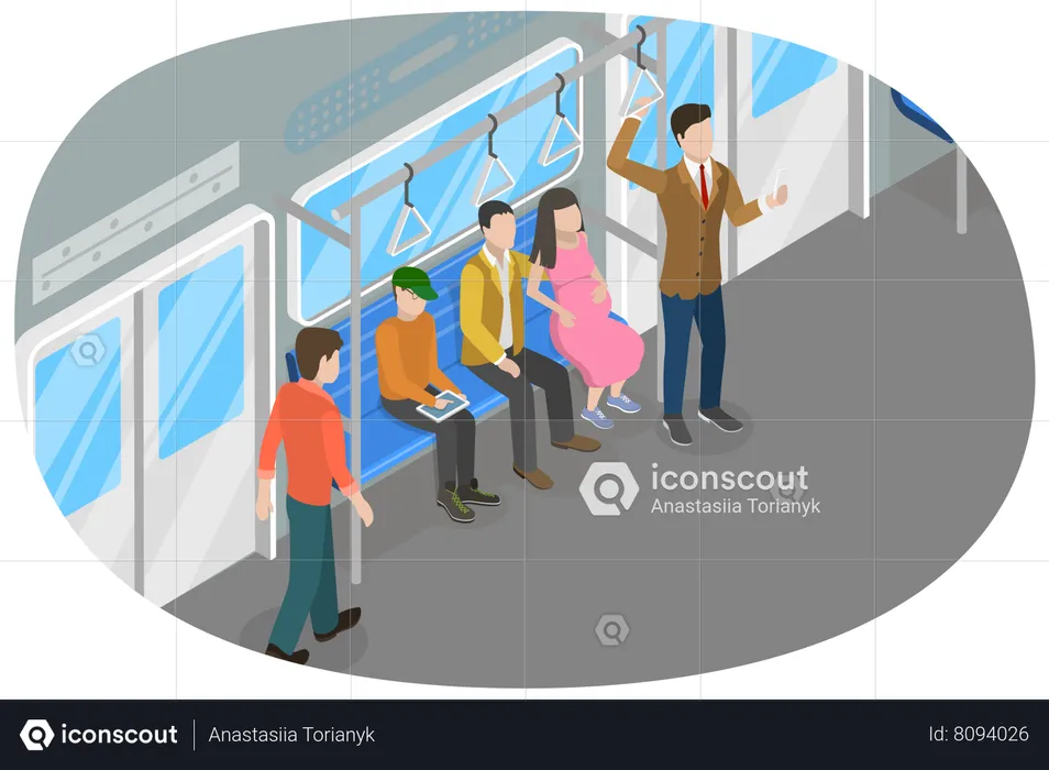 Public Transport and People in Train Interior  Illustration