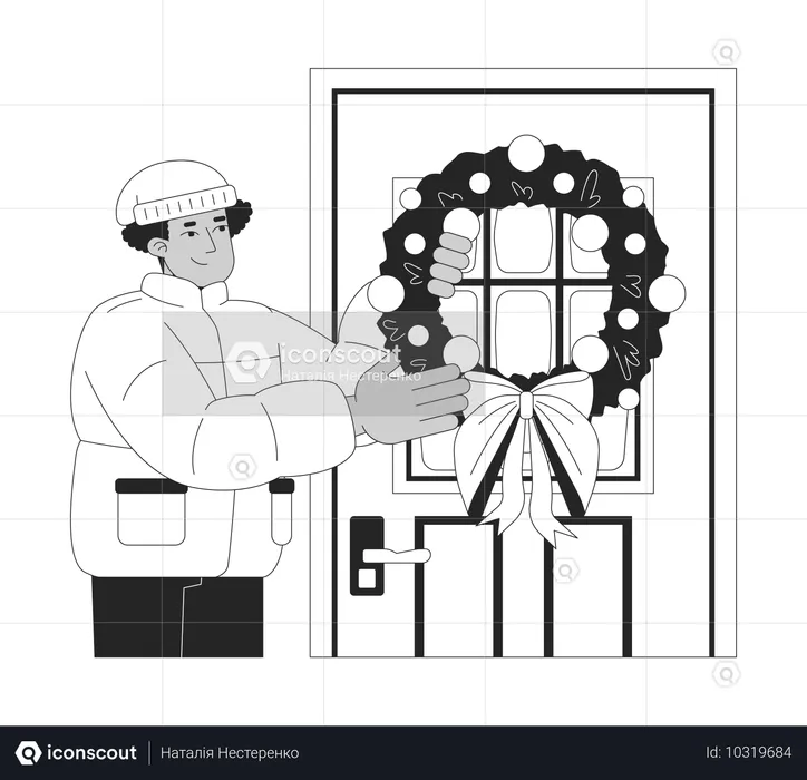 Puffer coat man hanging Christmas wreath on front door  Illustration