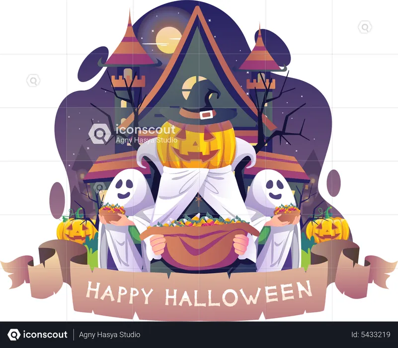 Pumpkin heads with buckets full of candy  Illustration