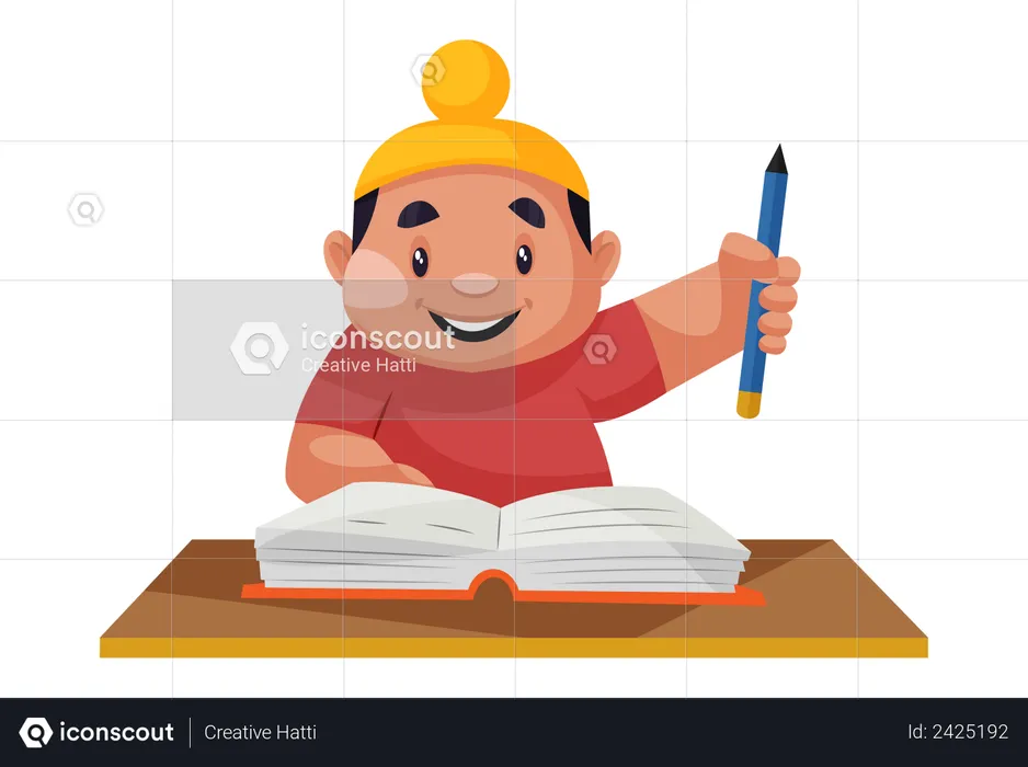 Punjabi boy holding a pencil in hand and studying a book  Illustration