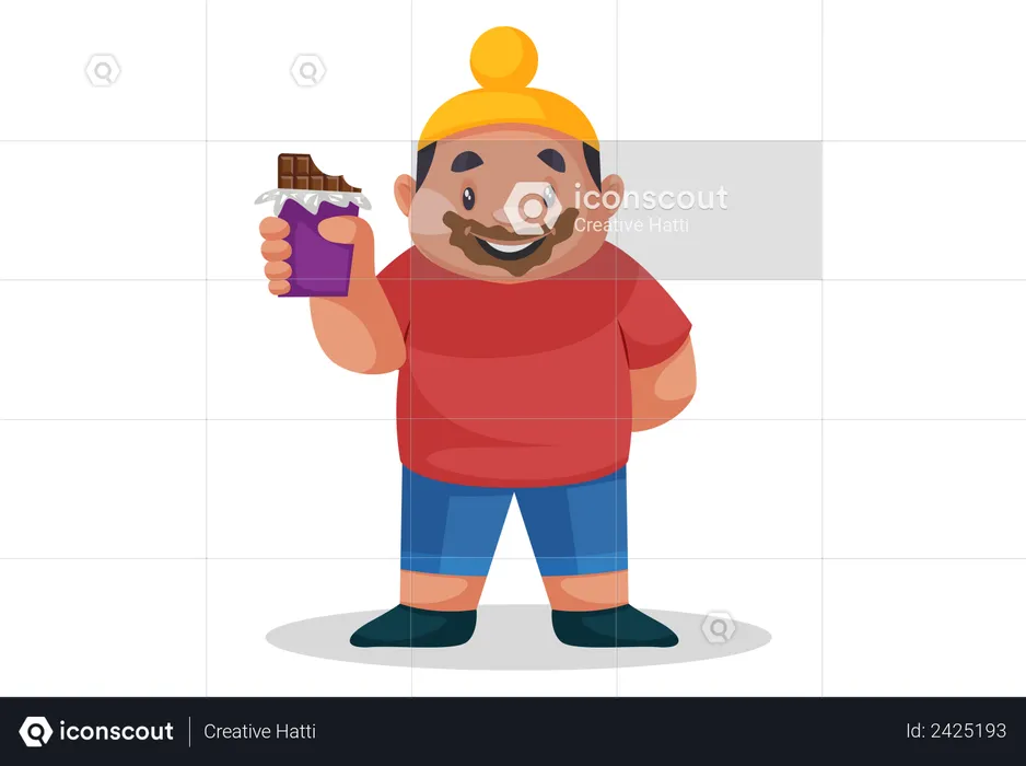 Punjabi boy is eating and holding chocolate in hand  Illustration