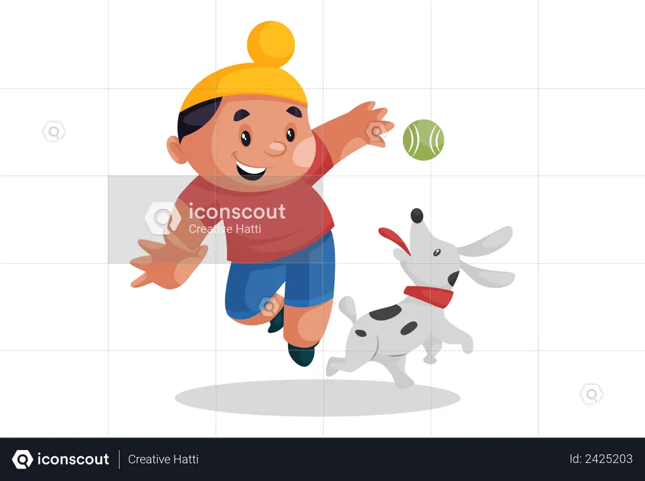 Punjabi boy playing ball with his dog  Illustration