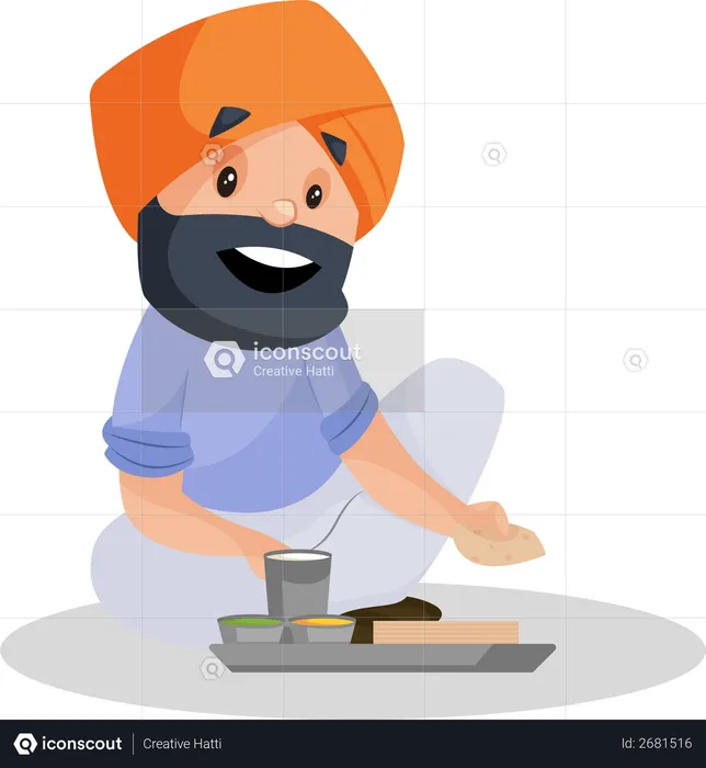 Punjabi farmer sitting and eating food  Illustration