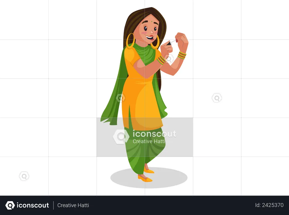 Fille punjabi appliquant de la peinture à ongles  Illustration