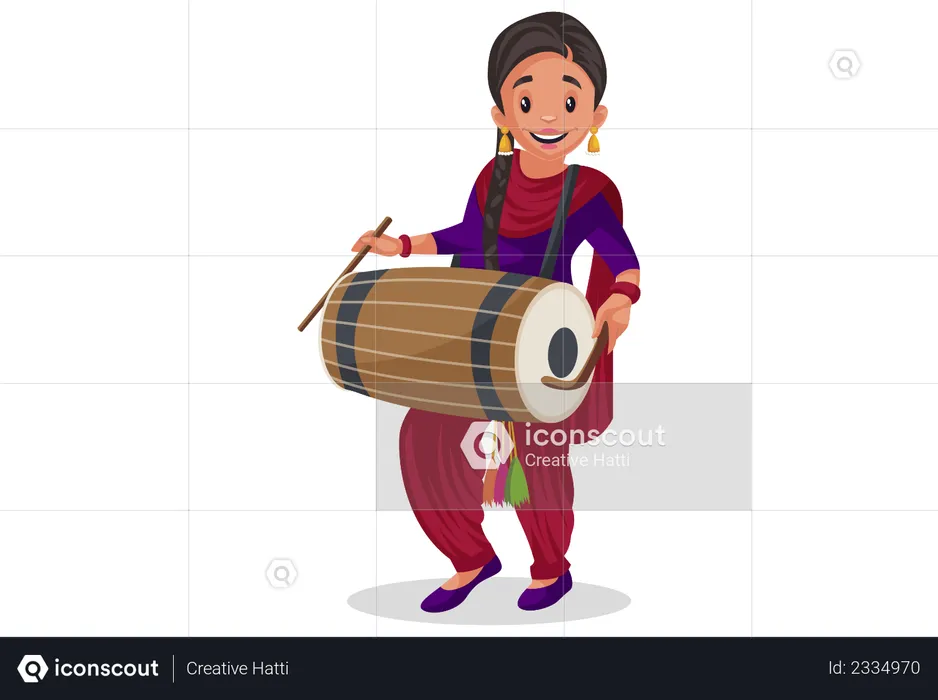 Punjabi girl playing drum  Illustration