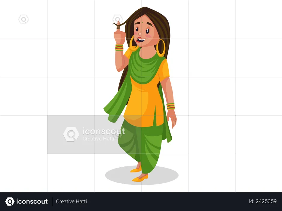 Punjabi girl rolling her hair flicks with the finger  Illustration