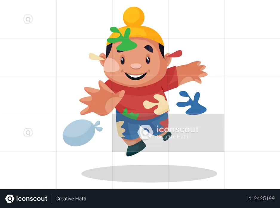 Punjabi kid playing Holi with watercolor balloons  Illustration