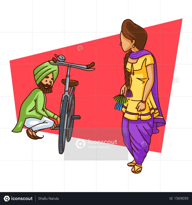 Punjabi man flirting with punjabi girl in village while repairing his cycle  Illustration