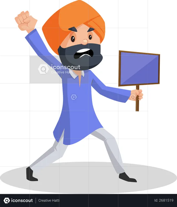 Punjabi man is angry and holding sign board in hand and shouting  Illustration