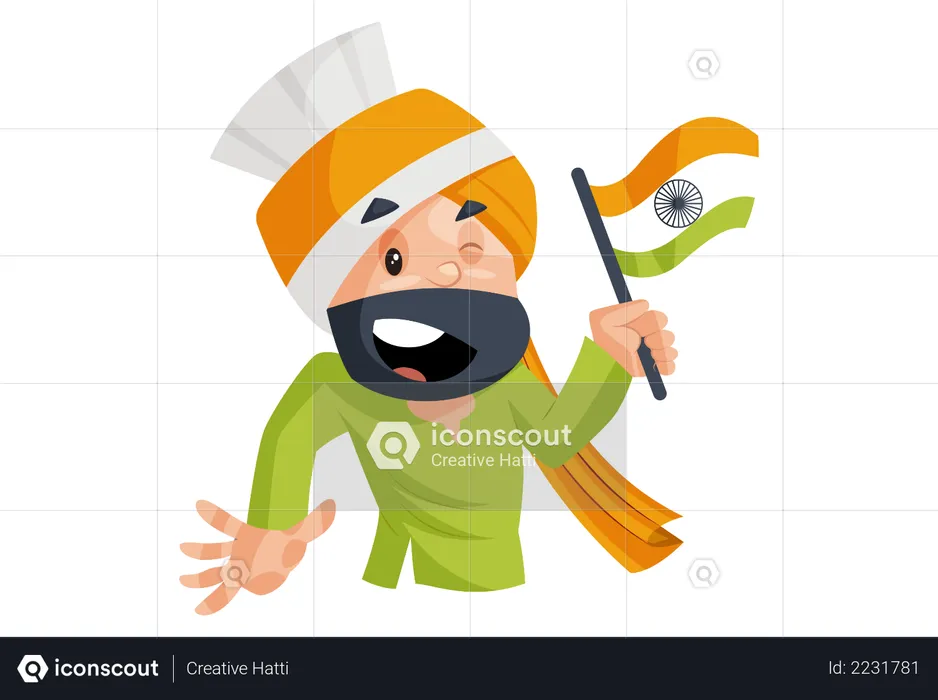 Punjabi man is holding an Indian flag in hand  Illustration