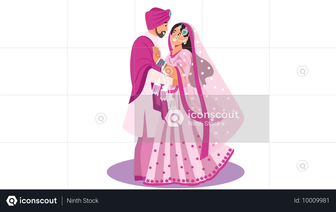 Noivos Punjabi fazendo pose de casal na cerimônia de casamento  Ilustração