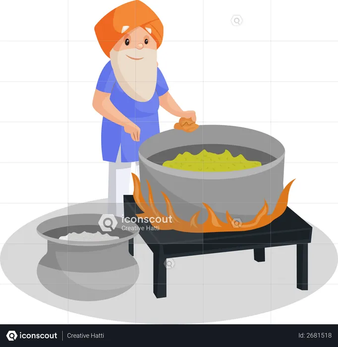 Punjabi old man making food in big pot  Illustration