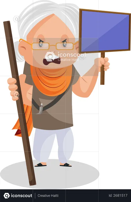 Punjabi woman is angry and holding a stick and protest signboard in her hands  Illustration