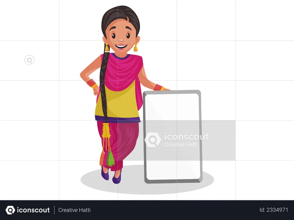 Punjabi woman standing near blank board  Illustration