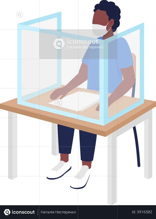 Pupil boy in mask at lesson semi flat color vector character  Illustration
