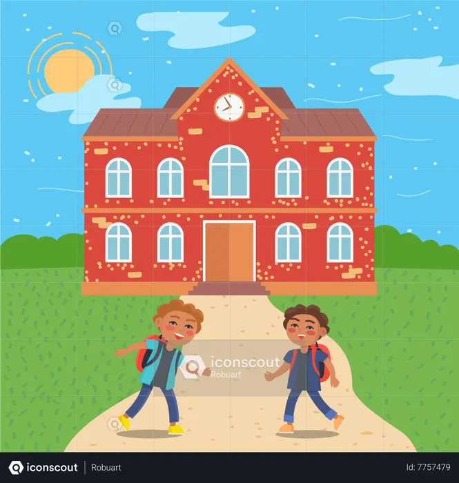 Pupils At School Building Exterior  Illustration