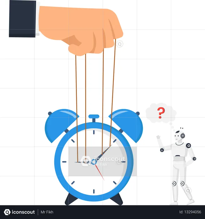 Puppet master hand controlling an alarm clock with strings next to a confused AI robot  Illustration