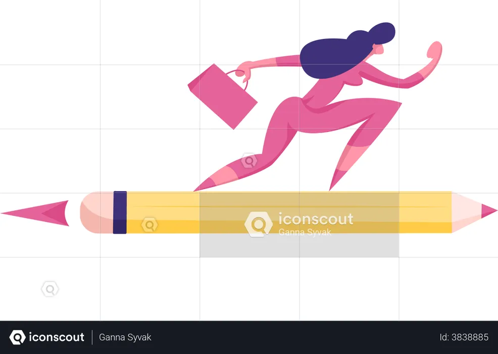 Purposeful Business Woman or Manager with Briefcase Flying on Pencil Rocket to Working Success and Goal Achievement. Girl Reach New Level of Development, Career Boost. Cartoon Flat Vector Illustration  Illustration