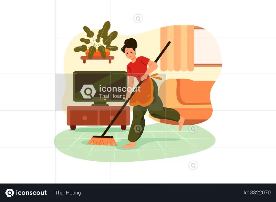 Putzmann reinigt Hausboden mit Besen  Illustration