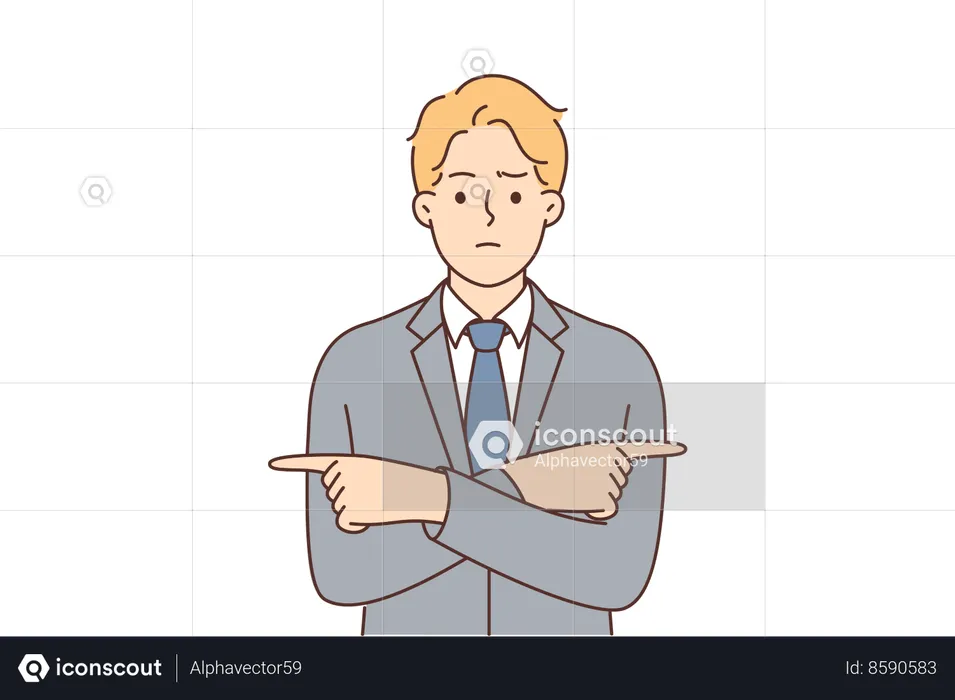 Puzzled businessman points fingers in different directions  Illustration