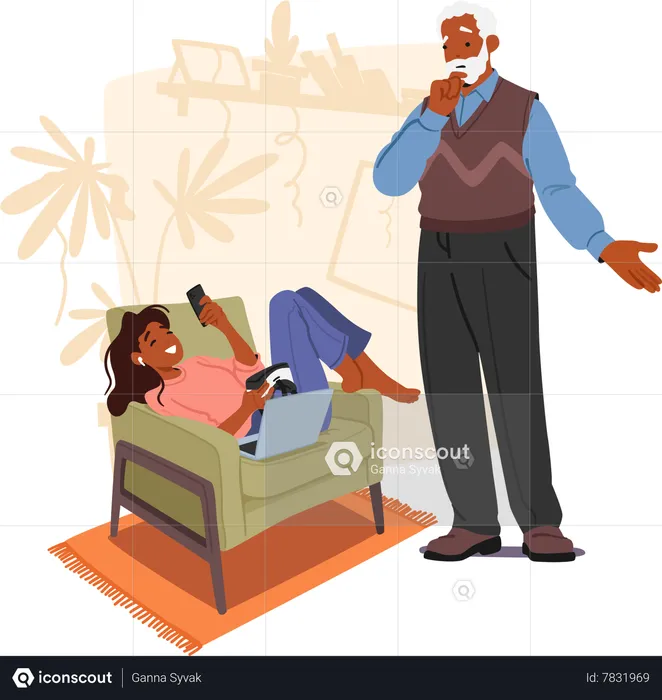 Puzzled Grandfather Attempting To Catch The Eye Of His Teenage Granddaughter Engrossed In Her Phone  Illustration