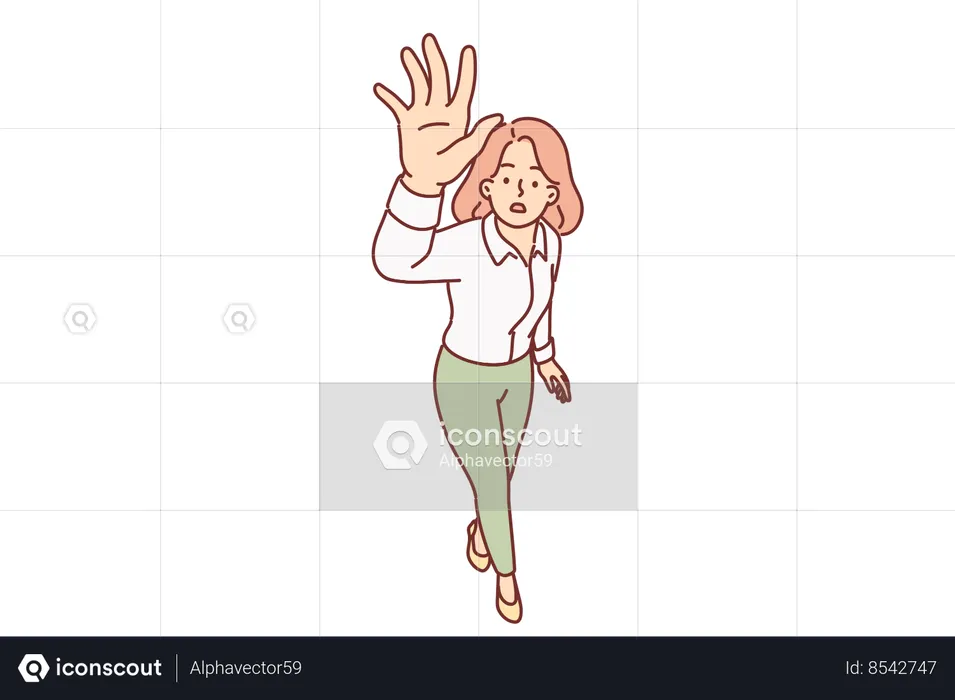 Puzzled woman raises hand up and stretches palm to screen  Illustration