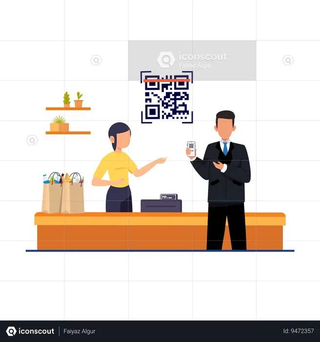 QR scan at grocery shop  Illustration